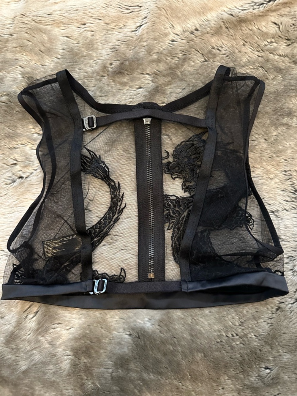 Honey Birdette Black Sheer Mesh Dragon Zip Crop Top Bra - Picture 2 of 3